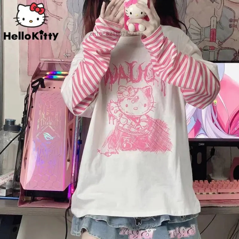 Sanrio Clothes Hello Kitty Patchwork Stripe Y2k GirlsTop