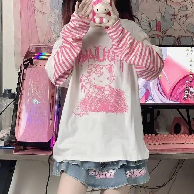 Sanrio Clothes Hello Kitty Patchwork Stripe Y2k GirlsTop