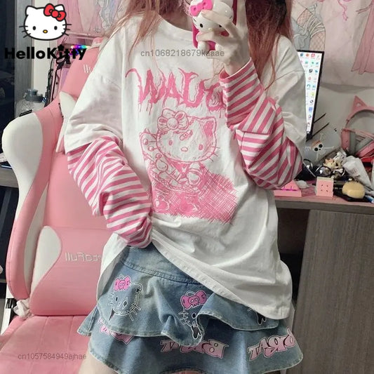 Sanrio Clothes Hello Kitty Patchwork Stripe Y2k GirlsTop